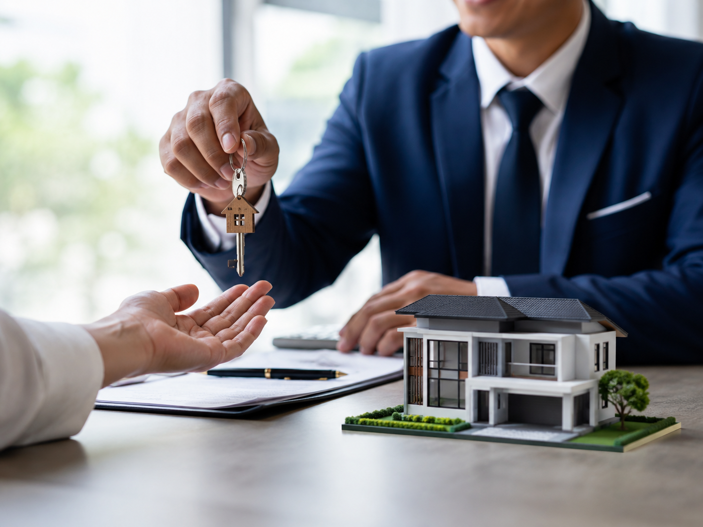Asesor inmobiliario entregando las llaves de una vivienda a un cliente en Campanillas